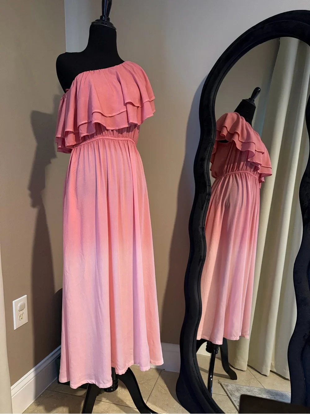 April Cornell Pink One Shoulder Ruffle Layered Modal Maxi Dress Size M